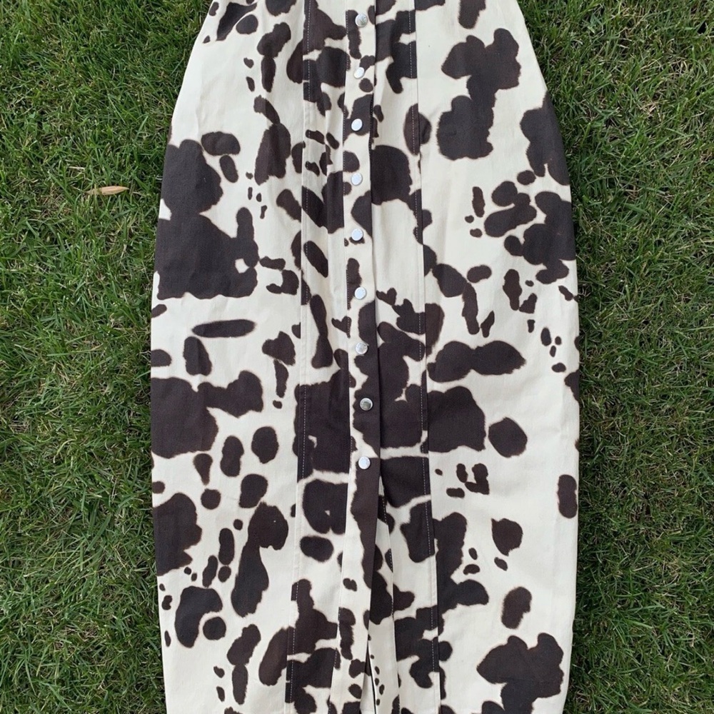 Capulet Brown and Cream bodycon denim button front cow print Midi Dress - Picture 3 of 4